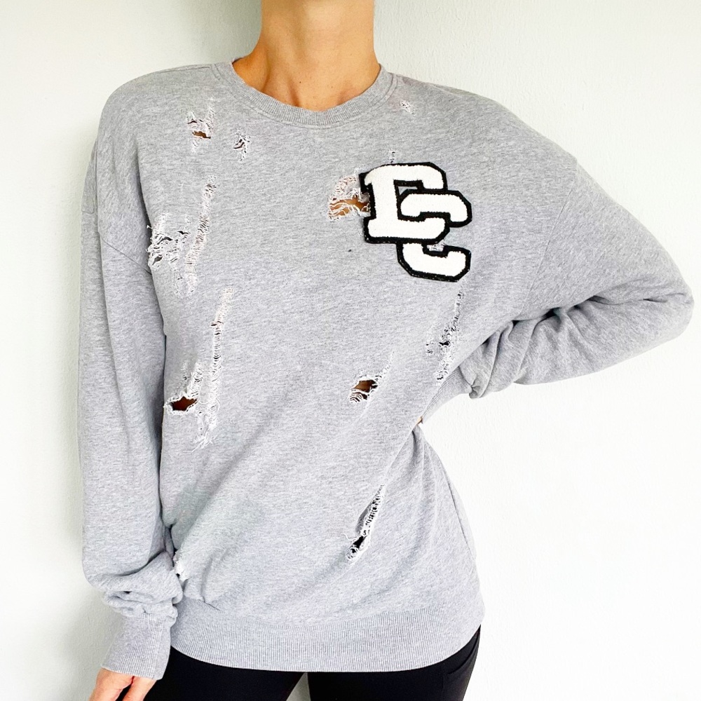 H&M gray distressed embroidered DC patch oversized pullover sweatshirt size XS
